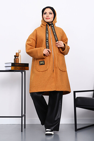 İmajButik Tile Hooded Boucle Coat with Pocket Detail