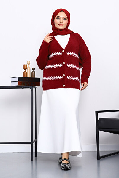 İmajButik Burgundy V-Neck Angora Soft Cardigan