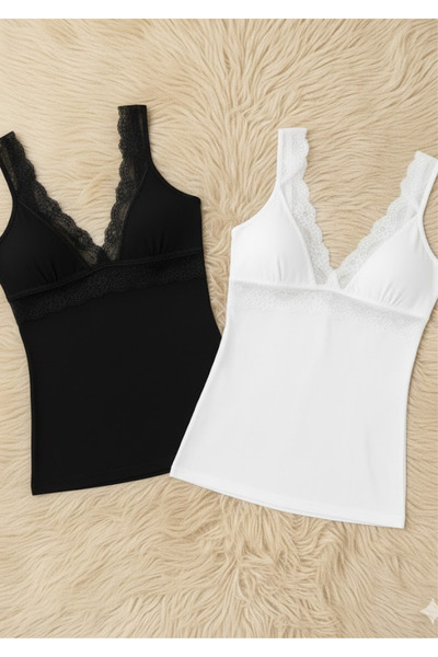 Loule Women's 2-Pack Lace Trim V-Neck Modal Cotton Stretchy Tank Top Set - Soft & Breathable Fabric