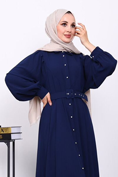 İmajButik Navy Blue Belted Dress
