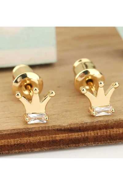 sarıyer silver أقراط على شكل تاج الملكة الملكية مصنوعة من الفولاذ المطلي باللون الأصفر مع أحجار الزركون المطرزة