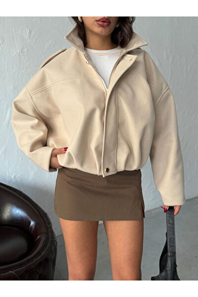 VELZANA Stone Color Bomber Short Cashmere Coat Jacket