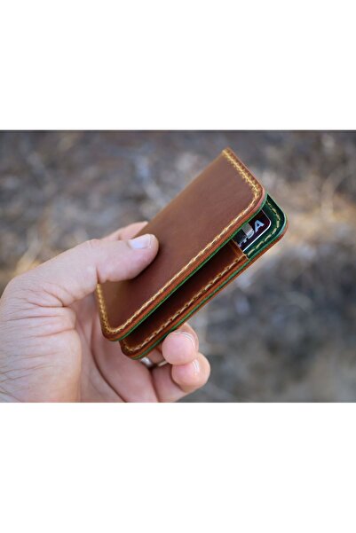 Derici Amca Id Wallet, Leather Minimal, Handmade Card Holder Wallet Green&Tan