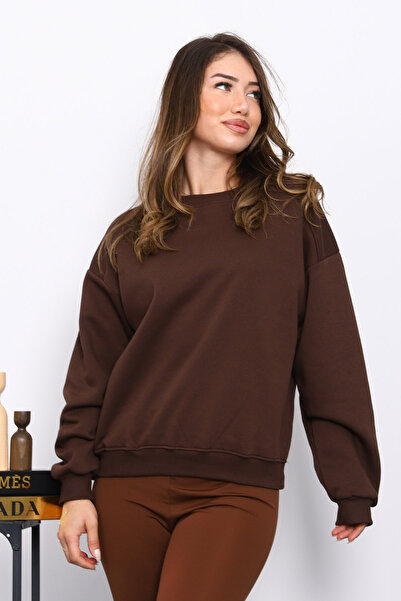 İmajButik Brown Basic Three Thread Sweatshirt with Shoulder Detail
