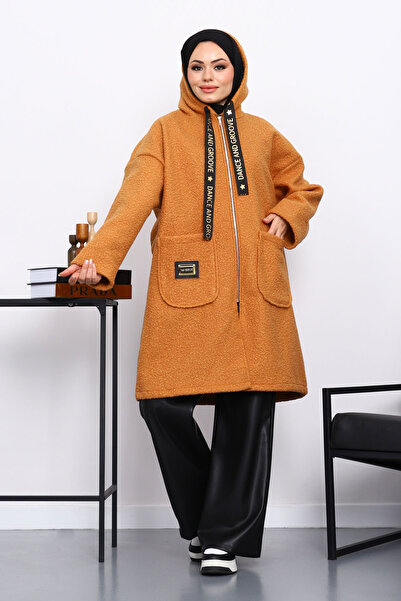 İmajButik Tile Hooded Boucle Coat with Pocket Detail