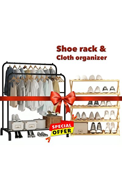 Primo Plus عرض مزدوج (منظم شماعات ملابس معدني + رف قابل للطي من الخيزران بخمس طبقات)