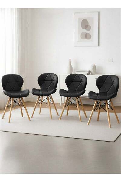 Taimi طقم من 4 كراسي طعام عصرية، مقعد من الجلد الصناعي، أرجل من الخشب الطبيعي، أسود - ارتفاع 69 × عرض 47 × عرض 41 × ارتفاع مقعد 45