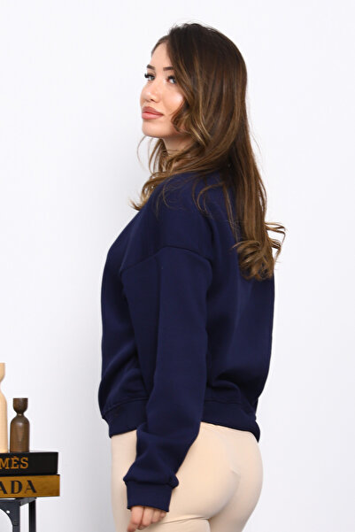 İmajButik Navy Blue Shoulder Detail Basic Three Thread Sweat