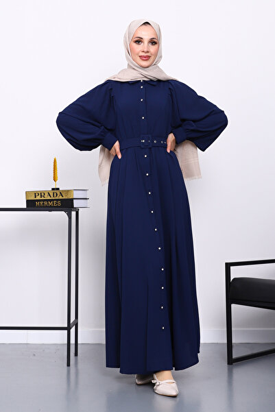 İmajButik Navy Blue Belted Dress