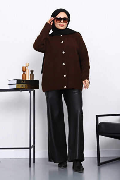 İmajButik Brown Crew Neck Angora Soft Cardigan