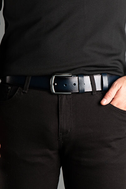 ZEKİ ÖZER Men's Navy Blue Genuine Leather Belt 4.5 cm