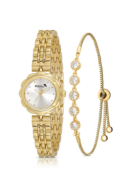 Polo Air Zarif Çiçek Kasa Kadın Kol Saati 5 Taş Bileklik Kombin Gold Renk PL-...