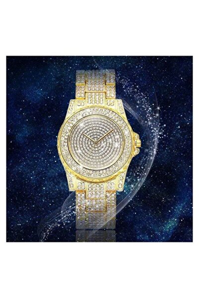Generic Luxury Ladies Iced Out Quartz Rhinestone Diamond Stainless Steel Wristwatch (Gold)