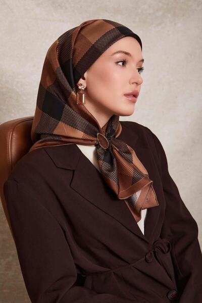 Levidor Mink Dotted Checkered Print Twill Silk Scarf-0934