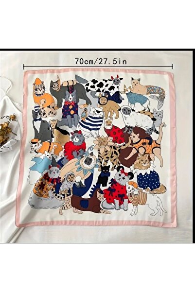 Accessories Hei Dusty Pink Green Cute Cat Patterned Stylish Silk-Look Women's Accessory Scarf Foulard