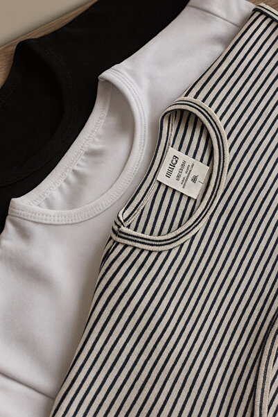 mirach 3-Piece Economical Set Zero Round Neck Collar Sleeves Black Striped White Black Body Flexible Stretch Fabric