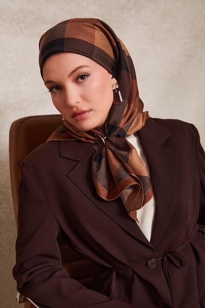 Levidor Mink Dotted Checkered Print Twill Silk Scarf-0934