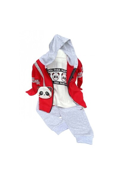 OEM Boys' red-grey Panda three-piece tracksuit: red hooded jacket, white long-sleeve shirt and grey pant