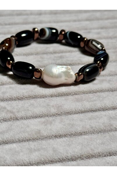 ZİDE AKSESUAR Akik ve Hematit doğaltaşlı barok incili bileklik