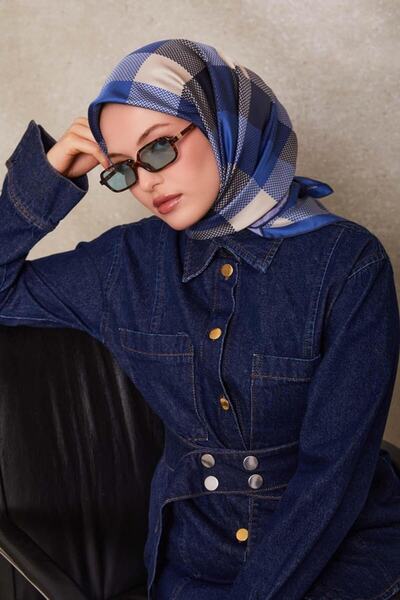 Levidor Cobalt Point Check Print Twill Silk Scarf-0934