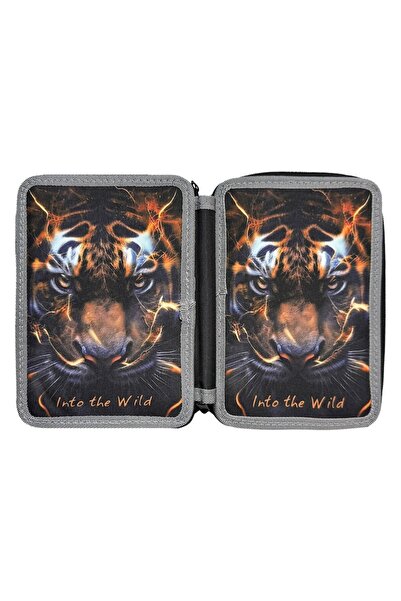 Tessari Double Equipped Pencil Case - Black with Tiger Pattern, 15 x 4 x 20 cm