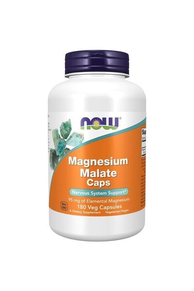 Now Magnesium Malate Caps with 95 mg Elemental Magnesium, Nervous System Support, 180 Veg Capsules