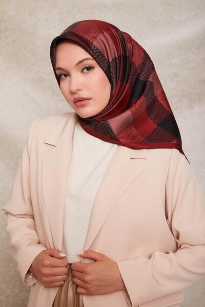 Levidor Burgundy Dotted Checkered Print Twill Silk Scarf-0934