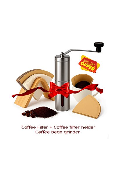 Primo Plus Manual coffee grinder with beige 17.6×7.9×11.6 cm filter holder and 100-piece coffee paper filters.