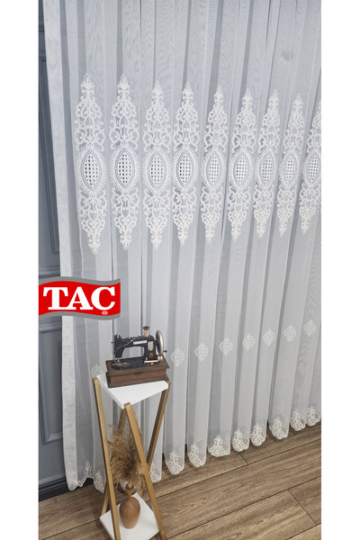 Taç Embroidered Court Damask Living Room Model Style Design Force Exculusive 3 Layer Pleated Tulle Curtain