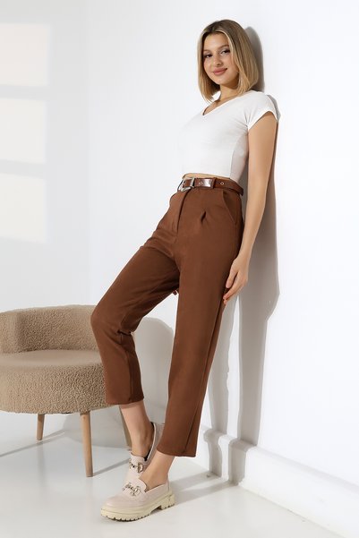 lubiti Women's High Waist Brown Suede Pants – Ankle Length with Belt and Pockets
