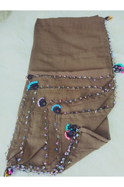 hoaryage 100% Cotton Ezgi Scarf with Floral Pattern Motifs and Beaded Crochet Writing, Kerchief, Mevlit Shawl