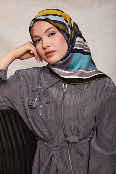 Levidor Eșarfă din mătase twill cu model pătrat turcoaz-0920