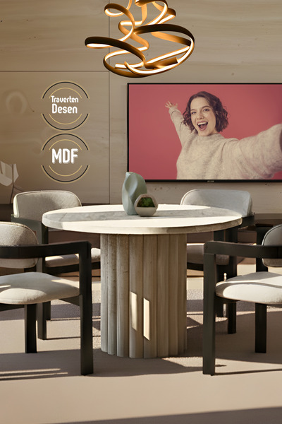 Liya Sare Yemek Masası Ahşap Salon Yemek Masası Bohem Mutfak Yuvarlak 4 Kişilik Beyaz 100 Cm Traverten