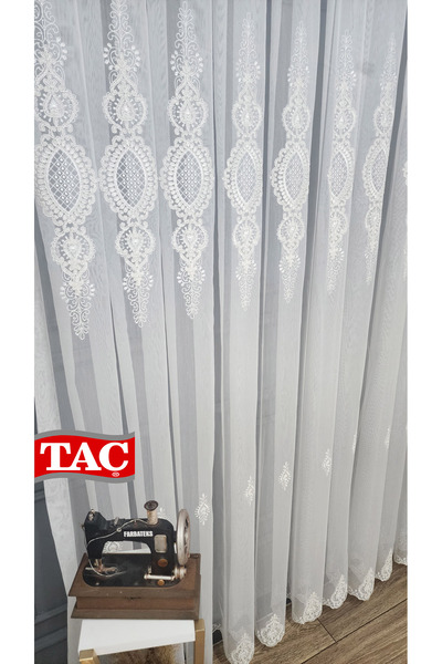 Taç Embroidered Court Damask Living Room Model Style Design Ultra Exclusive 3 Layer Pleated Tulle Curtain
