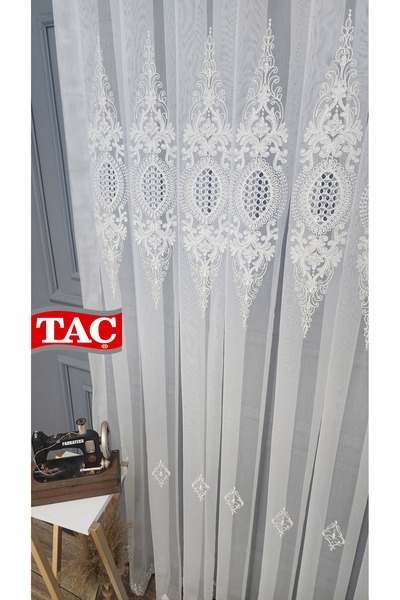 Taç Embroidered Court Damask Living Room Model Style Design Mega Exclusive 3 Layer Pleated Tulle Curtain