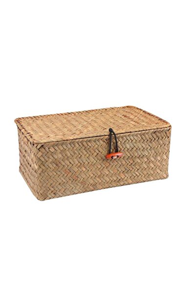 Generic Wicker Shelf Basket with Lid - Natural Handwoven Seagrass, Rectangular