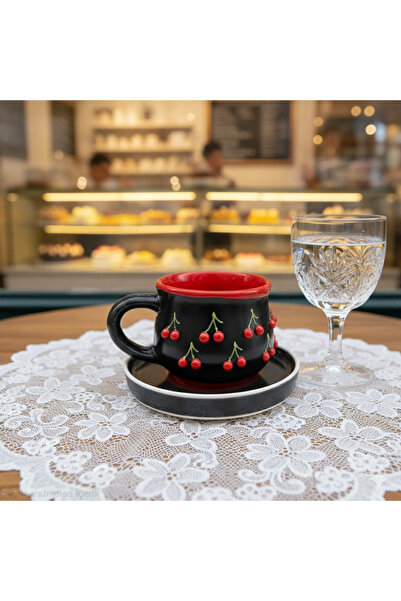 ARESTE KİRAZ MOTİFLİ TOMBUL TABAKLI KUPA FİNCAN