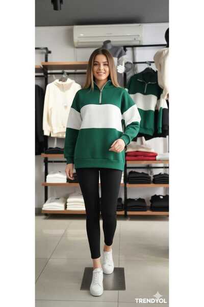 LiyAdaCo Hanorac unisex verde-alb cu jumătate de fermoar și guler polo tricou