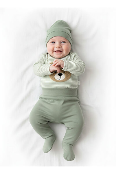 Babycan 0-3 Months Striped Teddy Bear Ear Hat Baby Set Bodysuit 100% Cotton Newborn Hospital Release