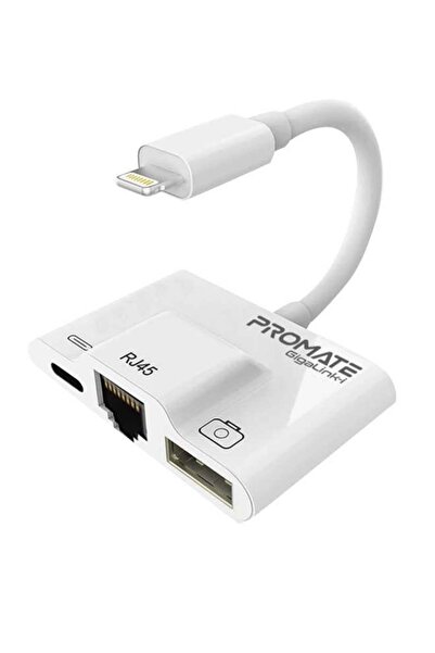 Promate GigaLink-I 3-in-1 Lightning to Ethernet & USB OTG Adapter (White)