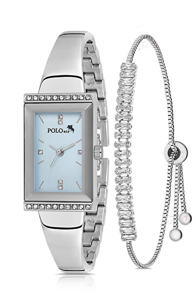Polo Air Luxury Stone Cuff Women's Wristwatch Zircon Stone Baguette Bracelet Combination Silver Blue Color Pl-1566B5