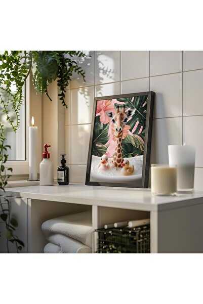 Esci Design Pictură cu girafă pentru baie cu cadru negru - Pictură cu animale de lux - Pictură pentru baie la modă - Artă de perete de lux