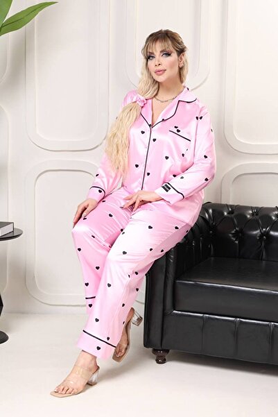 Lucinda Homewear BÜYÜK BEDEN PEMBE SATEN PİJAMA TAKIMI
