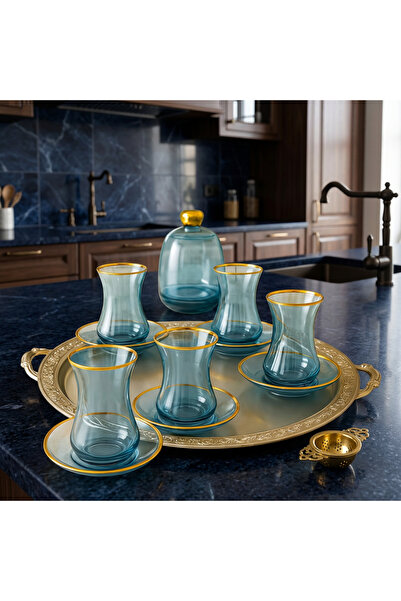 ASSA BAZAAR 13 Piece Blue Luster Gold Gilded Glass Tea Set for 6 People with ...