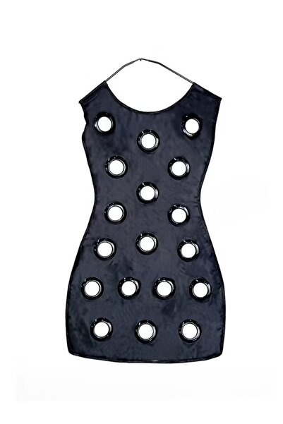 Generic A uniquely designed black metal dress rack with circular openings, perfect for modern home decor and storing jewelry and accessories.