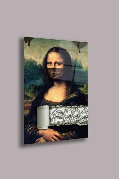 gxe.art Mona Lisa cu mască și detaliu de bani – pictură pe sticlă parodie pop...