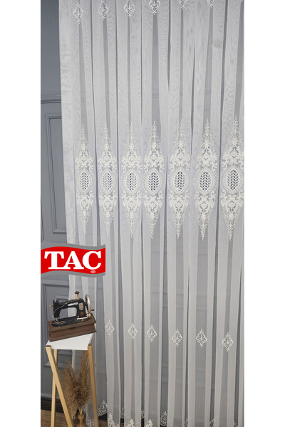 Taç Embroidered Court Damask Living Room Model Style Design Mega Exclusive 3 Layer Pleated Tulle Curtain
