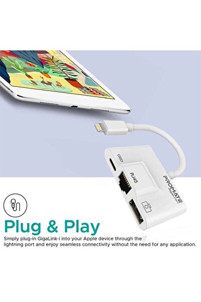 Promate GigaLink-I 3-in-1 Lightning to Ethernet & USB OTG Adapter (White)