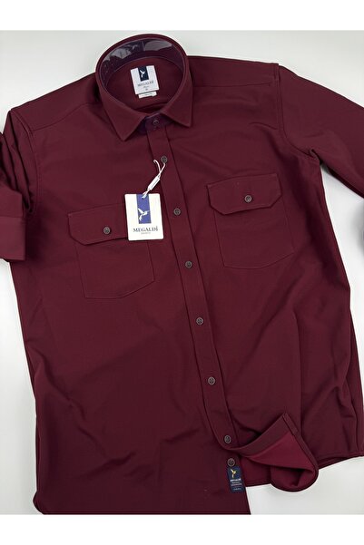 MEGALDİ Erkek Regular Kesim Çift Cepli Uzun Kollu Bordo Ceket Gömlek