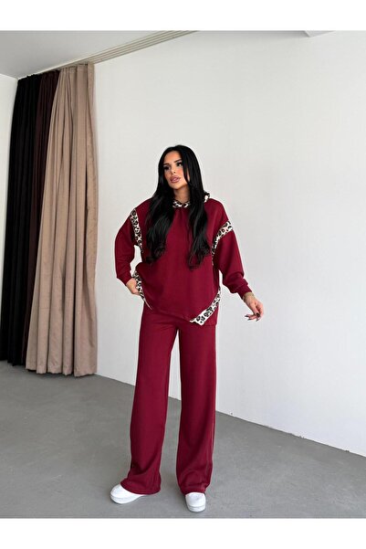 Bak'ap Premium Leopard Print Detailed Wide Leg Pants-Sweatshirt Tracksuit Set